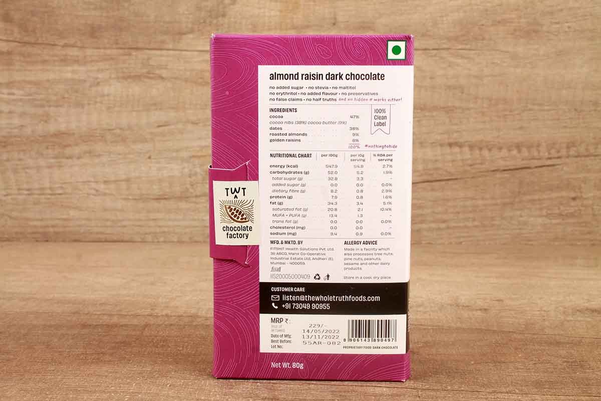 The Whole Truth Almond Raisin Dark Chocolate No Added Sugar 80 Gm
