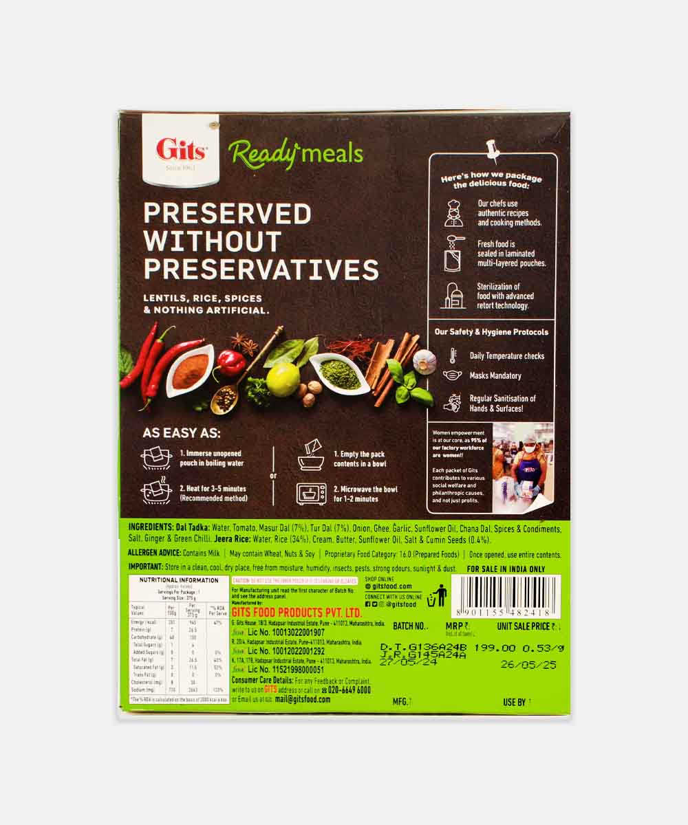 Gits Dal Tadka And Jeera Rice Ready Meals 375 Gm
