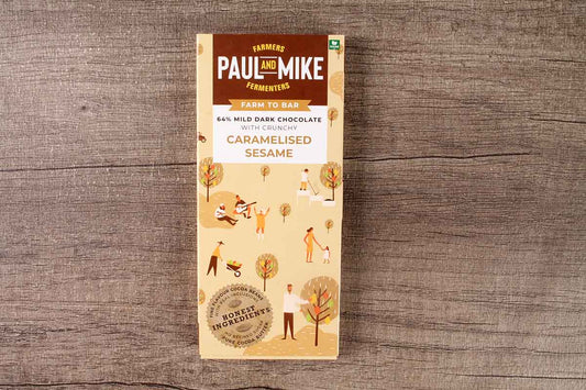 Paul And Mike Caramelised Sesame 64% Mild Dark Chocolate 68 Gm