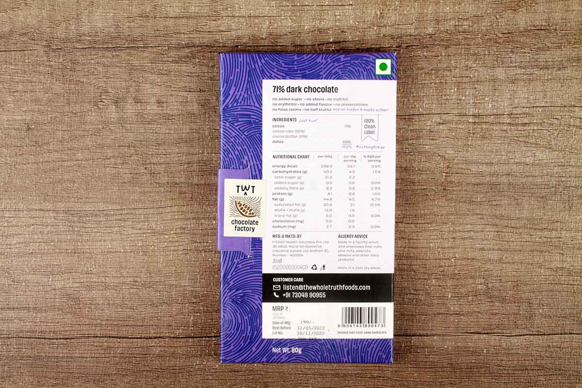 The Whole Truth 71% Dark Chocolate No Added Sugar 80 Gm
