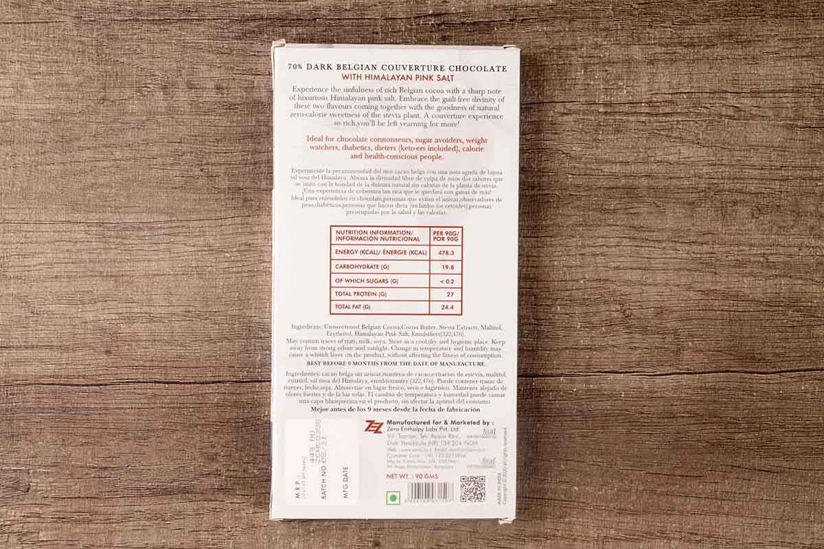 Zevic Himalayan Pink Salt 70% Dark Sugar Free Chocolate 90 Gm