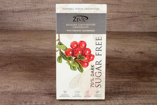 Zevic Belgian Couverture 70% Dark Sugar Free Organic Cranberries Chocolate 40 Gm