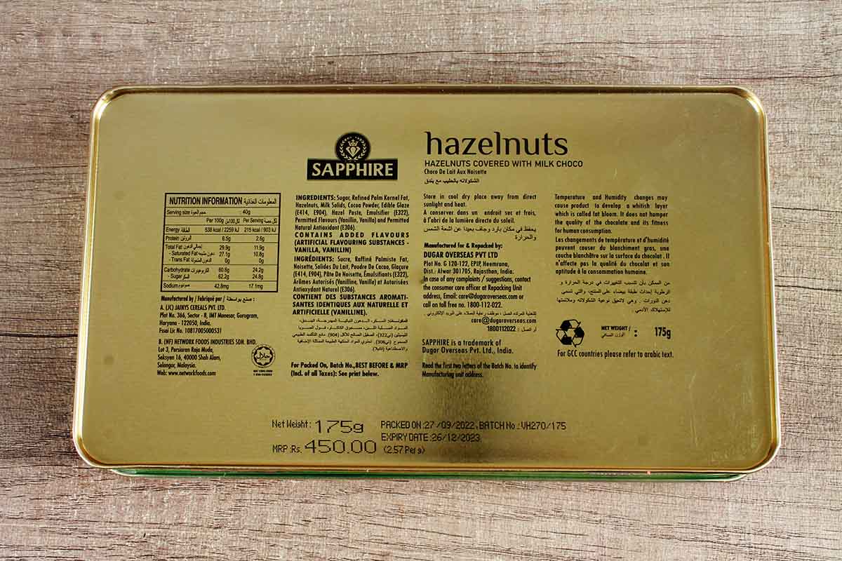 Sapphire Hazelnuts Milk Chocolate 175 Gm