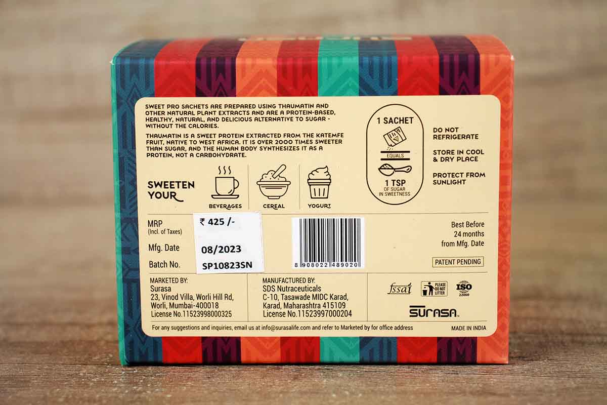 Surasa Sweetpro Sugar Free All Natural Katemfe Fruit Sweetner 100 Sachets 100 Gm