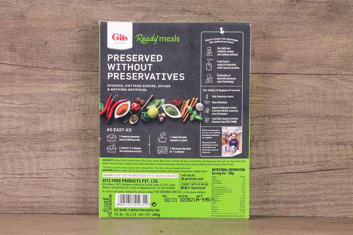 Gits Palak Paneer Ready Meals 285 Gm