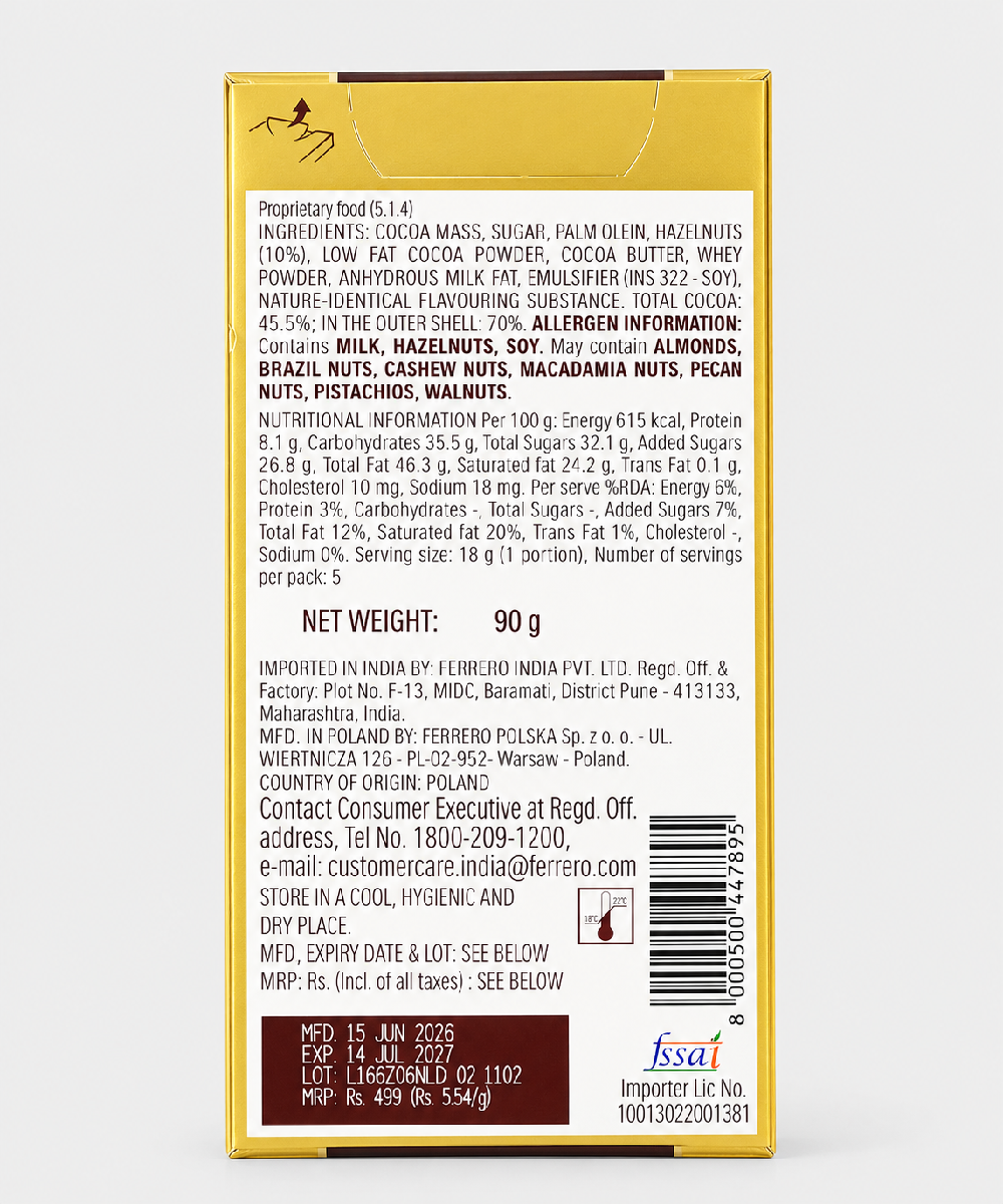 Ferrero Rocher 70% Cocoa Hazelnut Chocolate 90 Gm