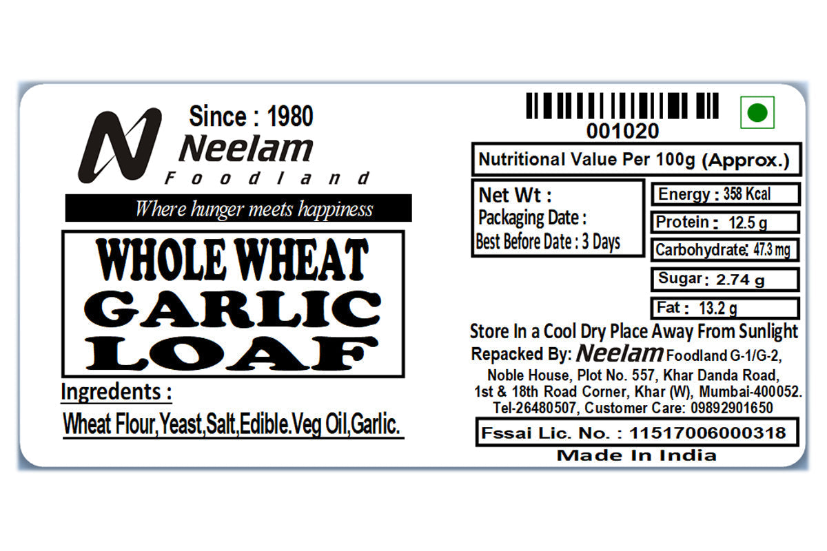 Whole Wheat Garlic Loaf 250 Gm