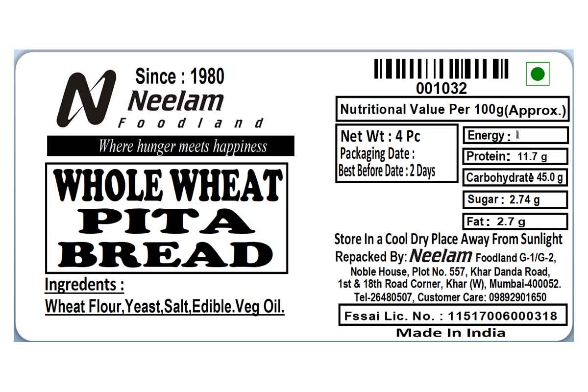Whole Wheat Pita Bread 4 Pc