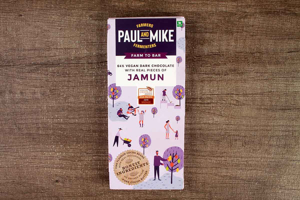 PAUL AND MIKE 64% VEGAN DARK CHOCOLATE WITH REAL PIECES OF JAMUN 68