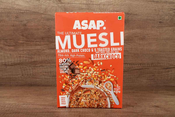 asap darkchoco muesli 82% almonds, raisins cocoa & 5 toasted grains 420
