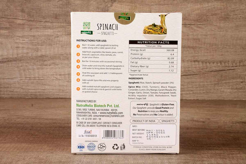 NUTRA HI GLUTEN FREE SPINACH SPAGHETTI 114